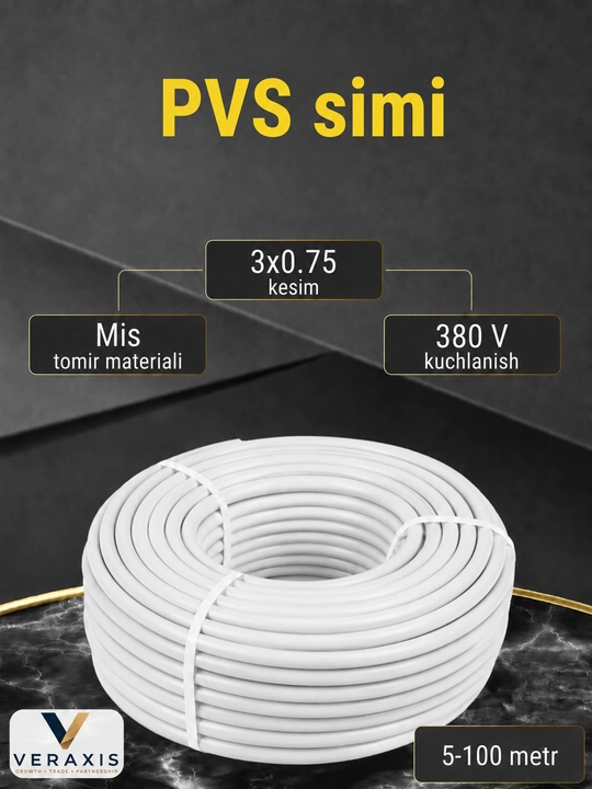PVX qobiqli 3x0,75 mm2 o‘lchamli oq egiluvchan mis PVS simi - 