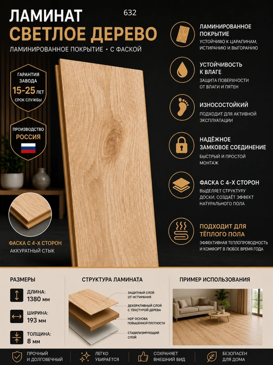 Faskali laminat, namlikka chidamli, 8 mm, 1380×193 mm, issiq pol uchun, turli ranglarda - 