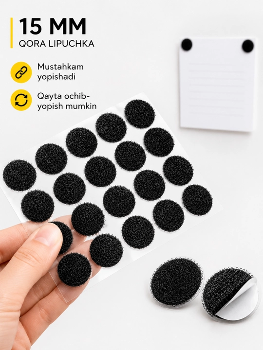 15 mm li qora dumaloq yopishqoq iplar, o‘zi yopishadigan Velcro nuqtalari, ikki tomonlama - 