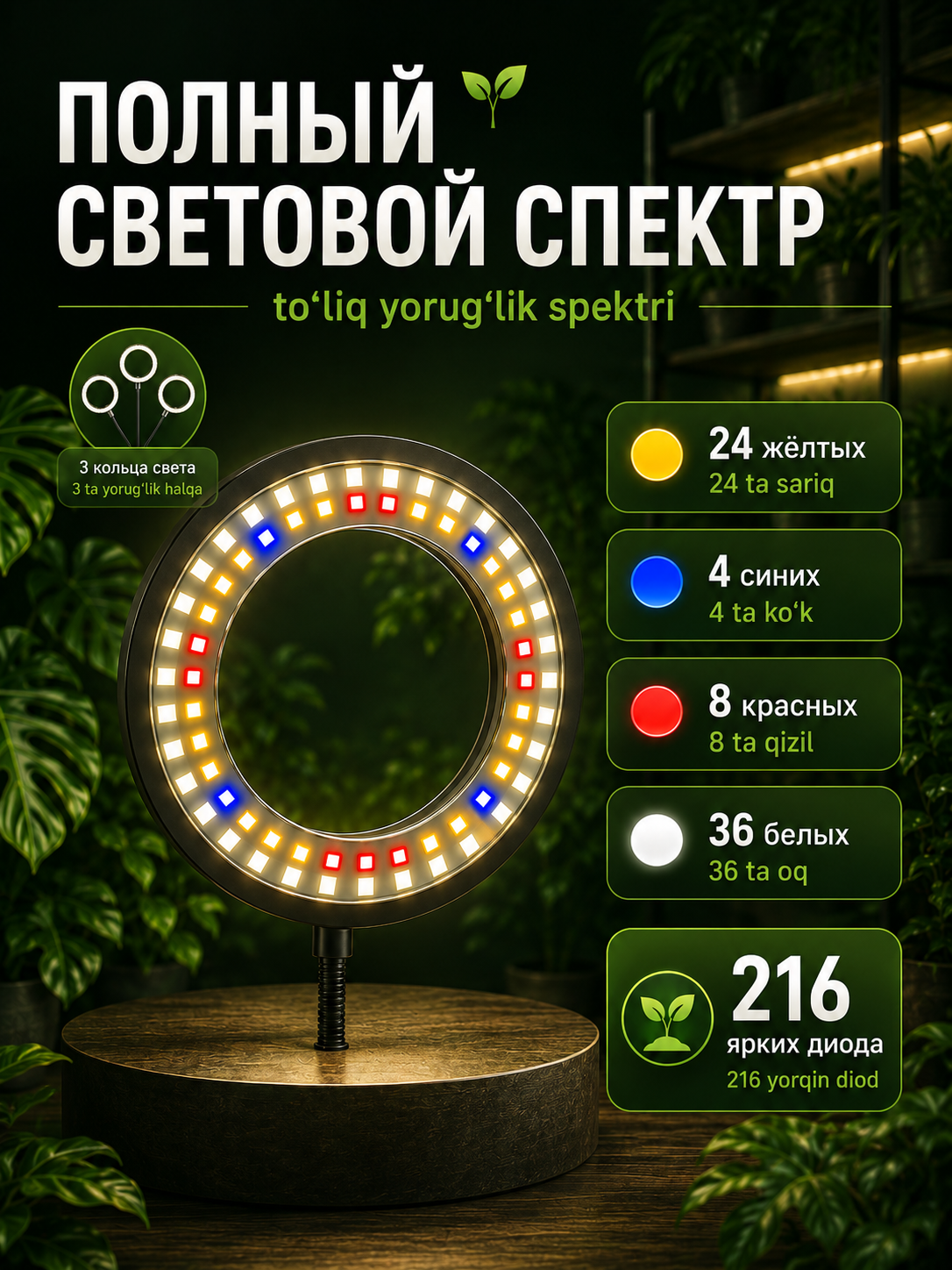 To‘liq spektrli pol fitolampasi, pult, taymer, balandlik va yorqinlik sozlovi