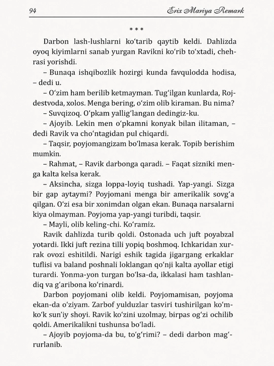 Zafar darvozasi kitobi, Erix Mariya Remark asari, muhabbat va taqdir haqida klassik roman