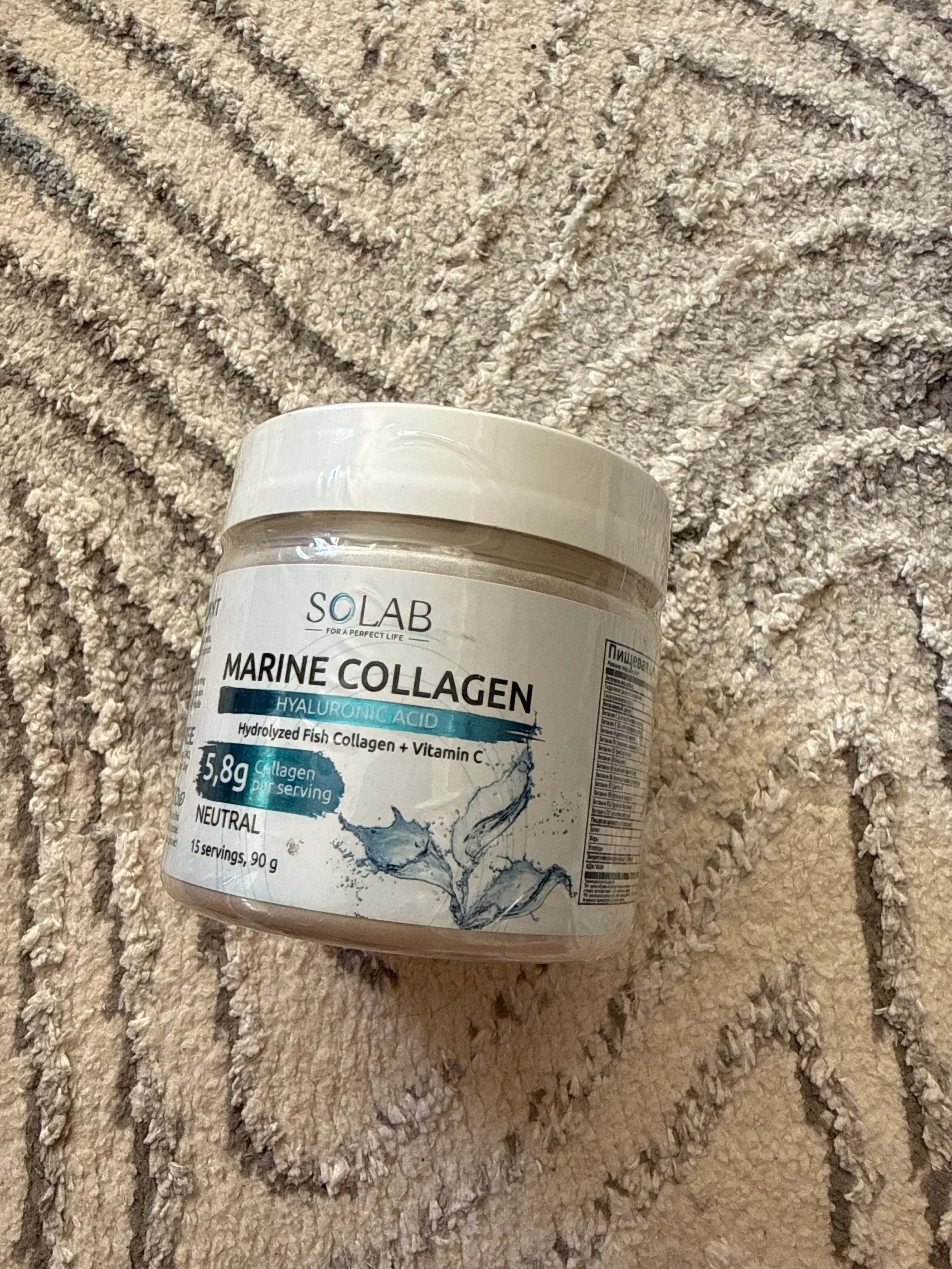 Dengiz kollageni, SOLAB, Gialuron kislotasi + C vitamini, Neytral ta'mi, 90g, 15 porsiya