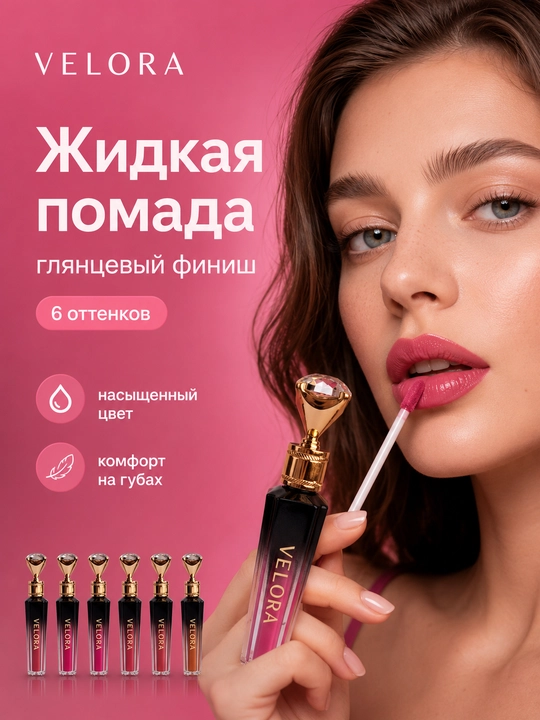 VELORA suyuq lab bo‘yog‘i, lablar uchun blesk, yaltiroq finish