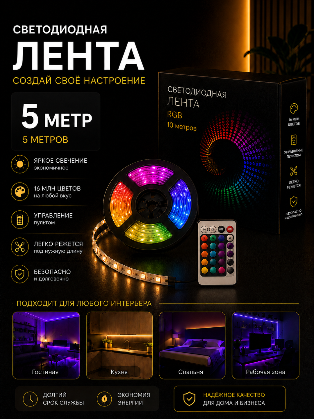 RGB LED lenta  – uyingiz yoki ish joyingiz uchun zamonaviy dekorativ yoritish yechimi - 
