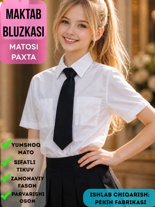 Блузка-рубашка для девочки подростковая школьная, кофта белая, 7-14 лет