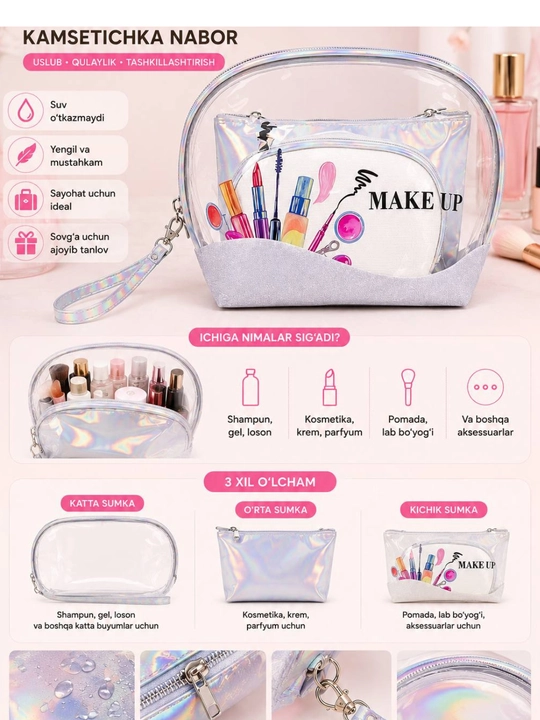 Ayollar uchun kosmetika sumkasi to‘plami (3 dona) – zamonaviy va qulay make up organizer - 