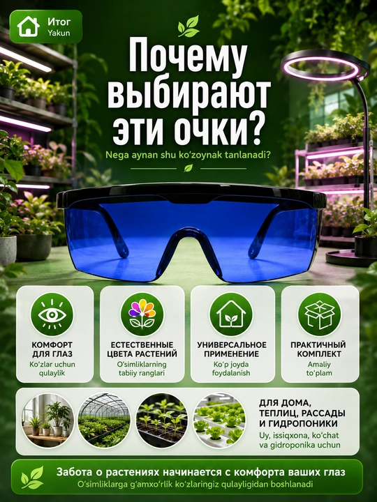 Очки для фитоламп с синим фильтром, защита для глаз, для растений, теплиц и дома