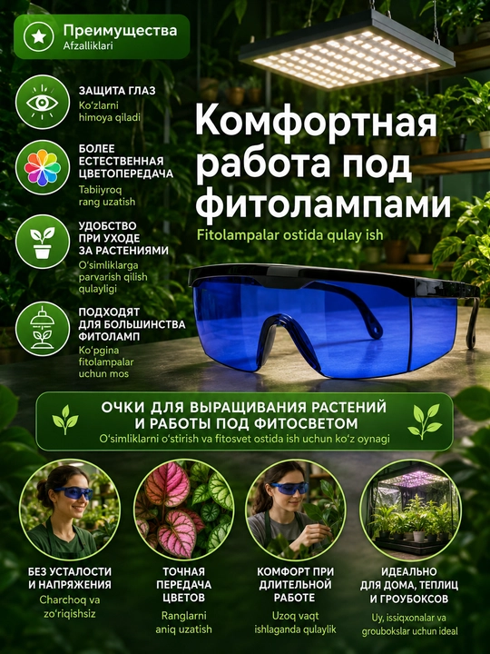 Очки для фитоламп с синим фильтром, защита для глаз, для растений, теплиц и дома