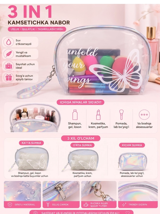 Ayollar uchun kosmetika sumkasi to‘plami (3 dona) – zamonaviy va qulay make up organizer - 