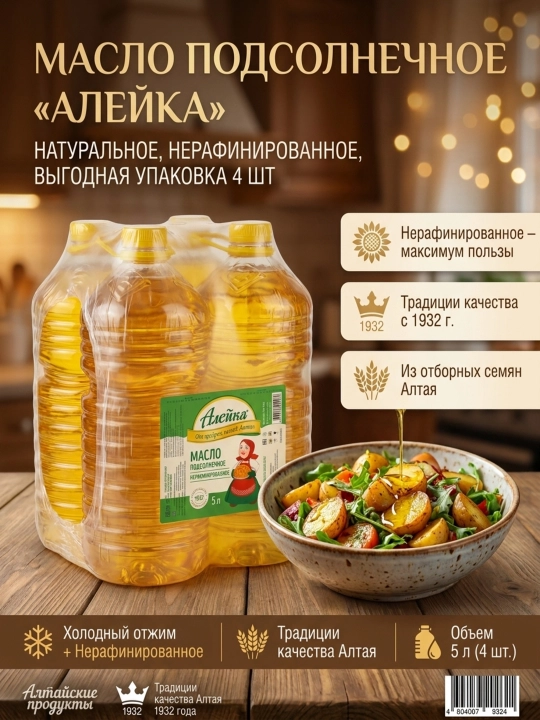 Tozalanmagan sovuq siqi Aleyka kungaboqar yog‘i 5l × 4 dona, 2.5l x 6 dona va 1l x 12 dona