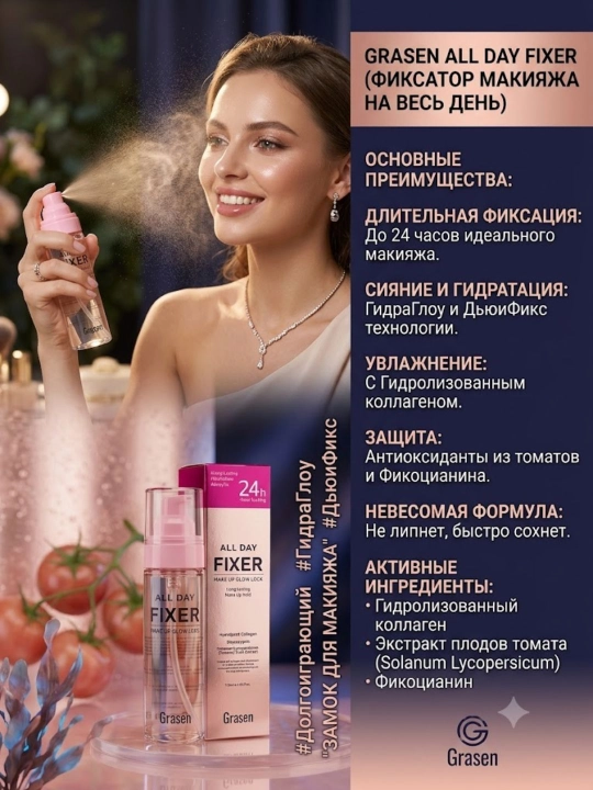 Makiyaj fiksatori Grasen All Day Fixer namlantiruvchi va mustahkamlovchi sprey 120 ml - 