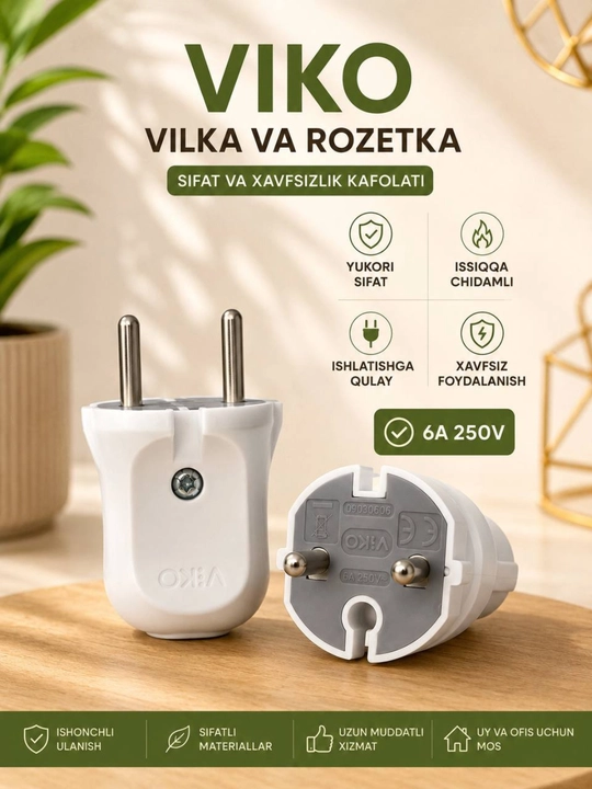 VIKO 6A 250V elektr vilka rozetka vilkasi oq xavfsiz issiqqa chidamli sifatli evro vilka - 