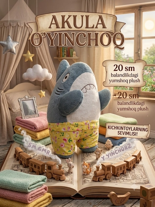 Maftunkor va yumshoq baxmal akula: bolalar uchun eng yoqimli o‘yinchoq do‘st, 20 sm