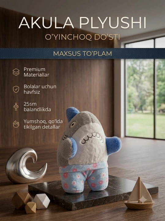 Maftunkor va yumshoq baxmal akula: bolalar uchun eng yoqimli o‘yinchoq do‘st, 20 sm