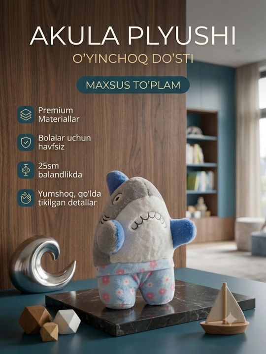 Maftunkor va yumshoq baxmal akula: bolalar uchun eng yoqimli o‘yinchoq do‘st, 20 sm