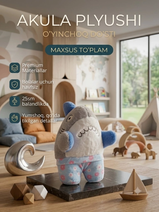 Maftunkor va yumshoq baxmal akula: bolalar uchun eng yoqimli o‘yinchoq do‘st, 20 sm