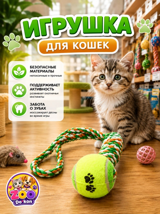 Игрушка для кошек ZOO Dokon - теннисный мячик на веревке для активных игр