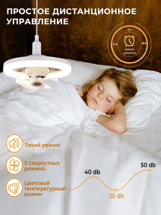 Вентилятор с LED светильником и пультом, 2 режима освещения, 3 скорости, для всех комнат