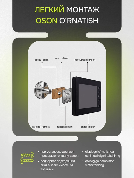 Monitor bilan simsiz kirish eshigi uchun video ko'z