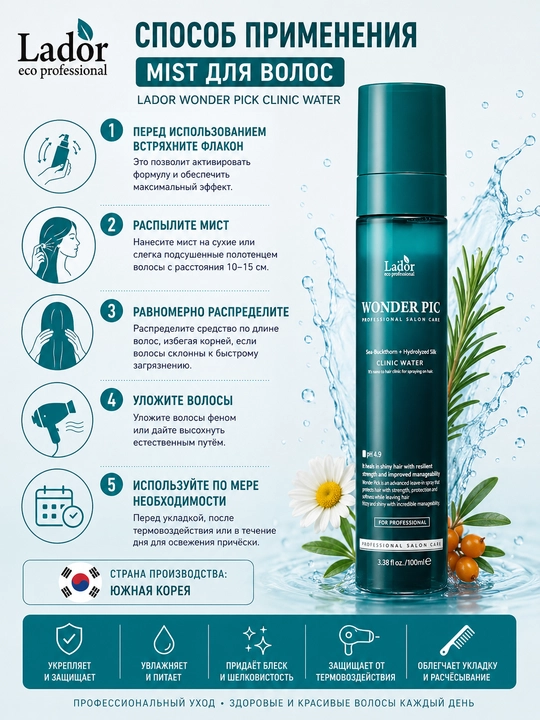 Sochlar uchun LADOR namlantiruvchi mist, 100 ml, Lador