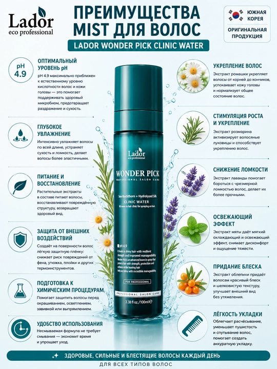 Sochlar uchun LADOR namlantiruvchi mist, 100 ml, Lador