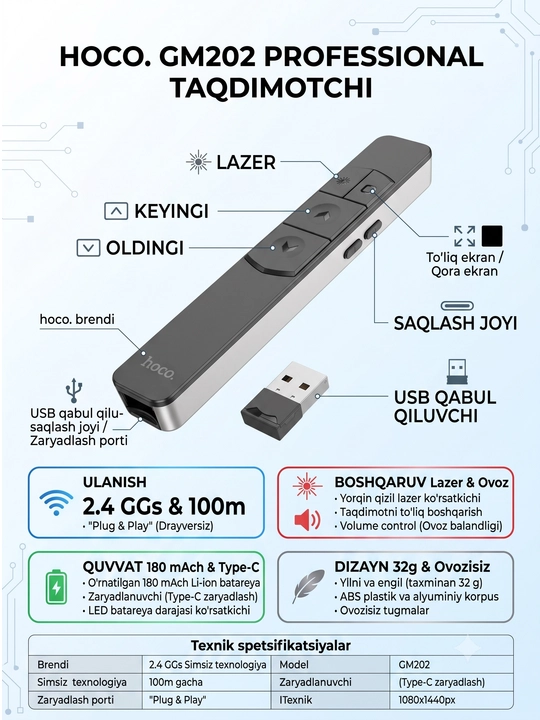 Taqdimot pulti Hoco Gm202, Gm201, Gm200, lazer ko'rsatgichi - 
