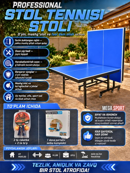 Professional stol tennisi stoli, raketka va setka bilan to‘plam