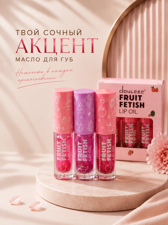 DOUCCC Fruit Fetish lablar uchun yaltiroq moy — yorqinlik, namlik va kundalik parvarish