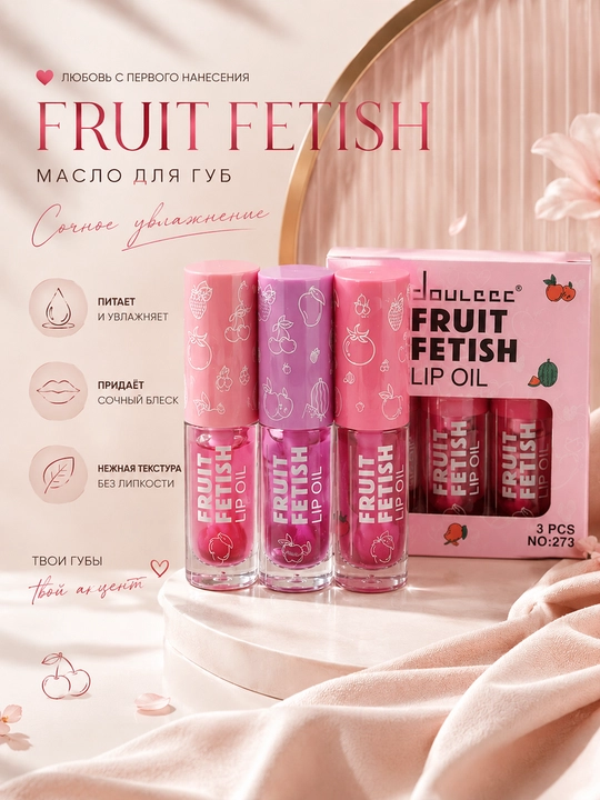 DOUCCC Fruit Fetish lablar uchun yaltiroq moy — yorqinlik, namlik va kundalik parvarish - 