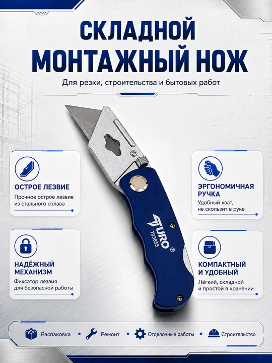 Складной монтажный нож, 5 запасных лезвий в комплекте - 