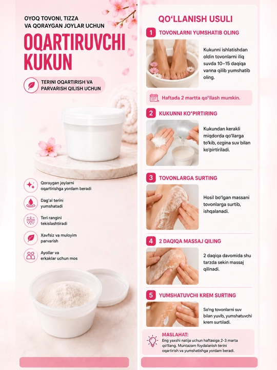 Tovon, tirsak va tizzalar uchun tozalovchi va oqartiruvchi kukun