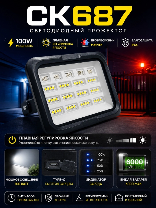 Quyosh paneliga ega akkumulyatorli LED projektor