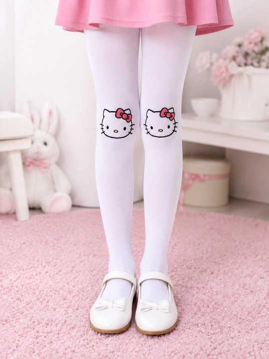 Hello Kitty rasmli qizlar uchun oq bolalar kolgotkasi, maktab va bog‘cha uchun