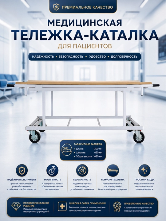 Bemor tashish uchun yechiladigan zambilli g‘ildirakli tibbiy katalka 200×65 sm - 