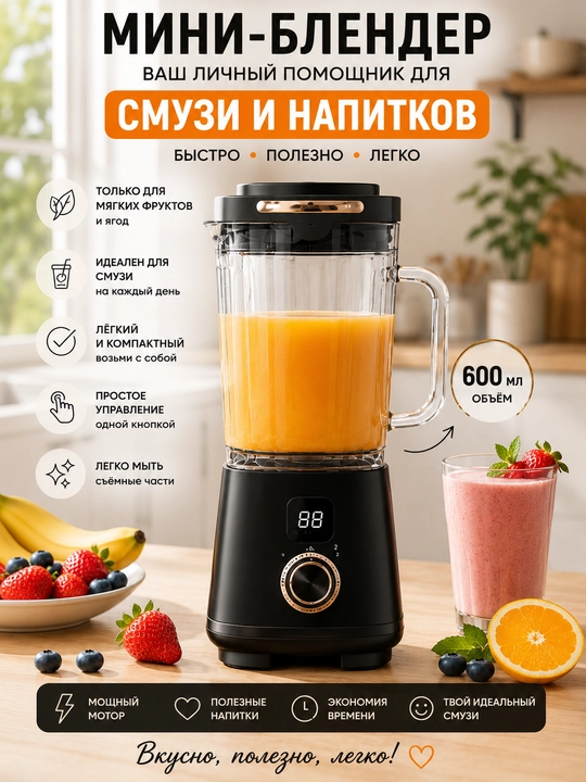 Блендер 600 мл для смузи, коктейлей и мягких фруктов, компактный мини-блендер - 