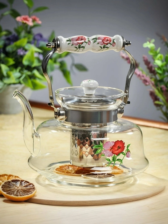 Oltin tutqichli va filtri «Gullar tarovati» shisha choynak - 