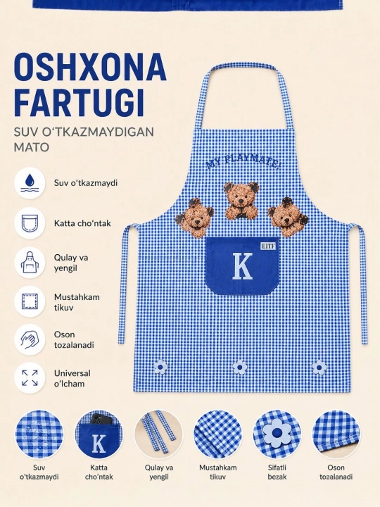 Oshxona fartugi, suv o‘tkazmaydigan, cho‘ntakli, universal o‘lcham, qulay va sifatli - 