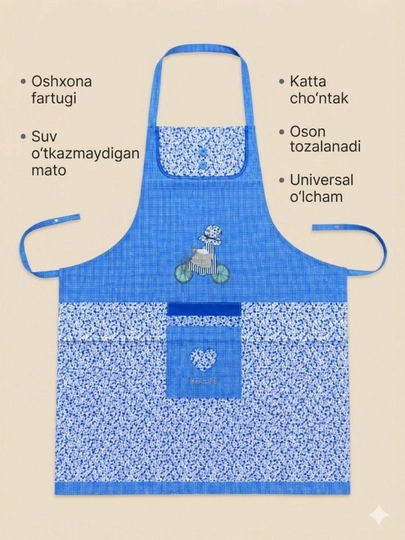 Oshxona fartugi, suv o‘tkazmaydigan, cho‘ntakli, universal o‘lcham, qulay va sifatli - 