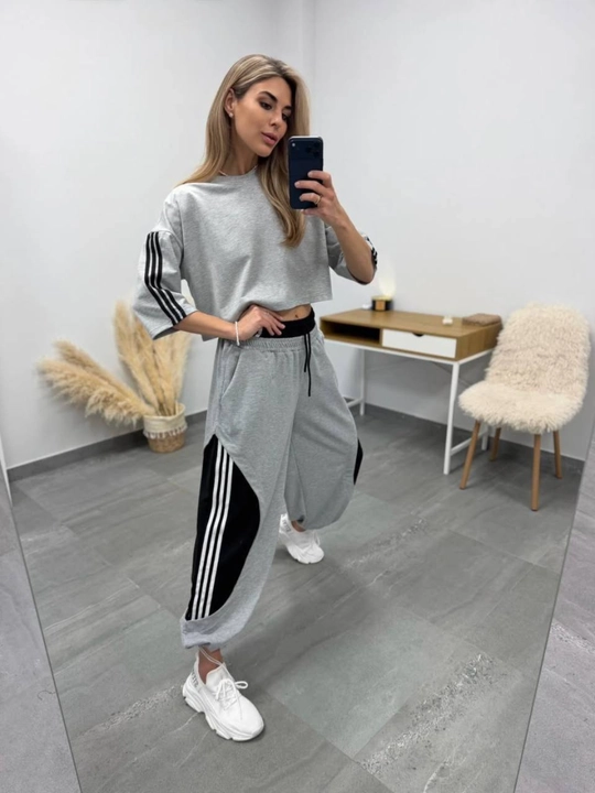 Ayollar sport kostyumi, qisqa yengli oversize kofta, keng jogger shimli zamonaviy kiyim - 