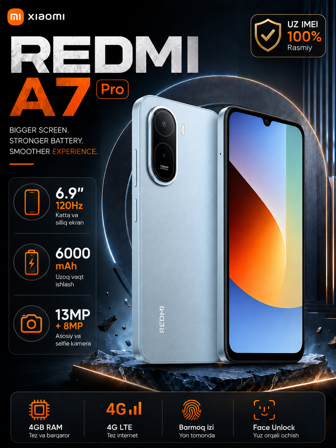 Redmi A7 Pro (4/64GB, 4/128GB) 6.9" 120Hz ekran,6000mAh batareya, kuchli smartfon - 