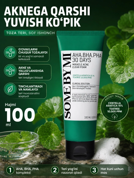 Husnbuzar va akne uchun yuvinish ko‘pigi, sentella bilan, Some by mi, Aha, Bha, pha 30 days, 100 ml - 