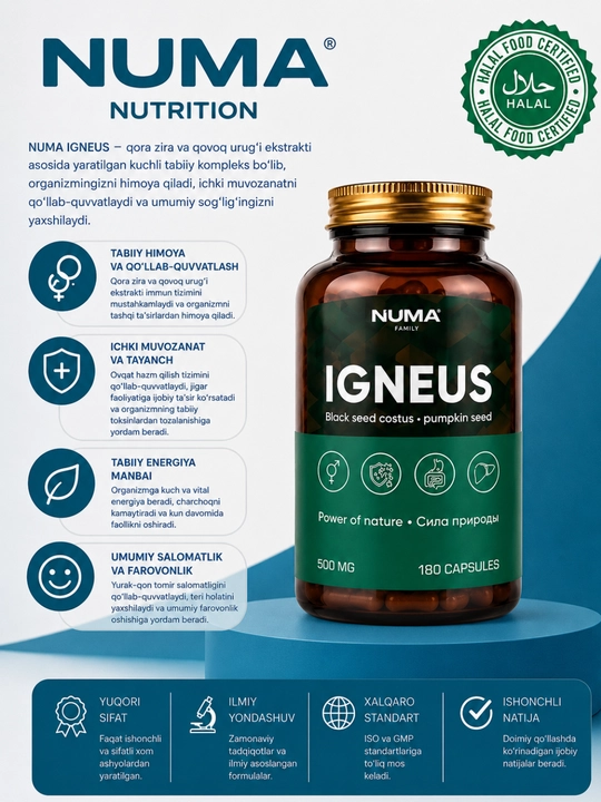 NUMA FAMILY IGNEUS 500 mg, 180 kapsula, qora sedana, immunitet va jigar uchun - 