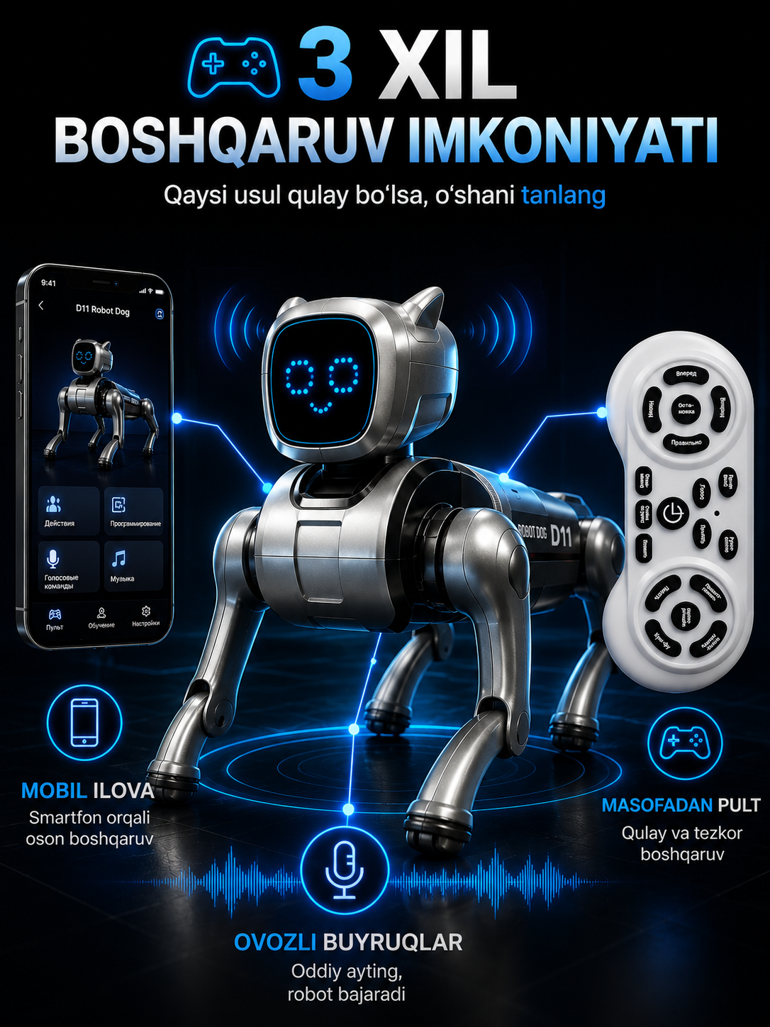 AI Robot It D11, Ovozli Buyruq, Pult va Ilova Boshqaruvi, Interaktiv Robot Kuchukcha