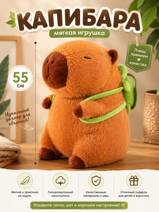 Плюшевый мишка Капибара – мягкий и качественный, 25–65 см - 