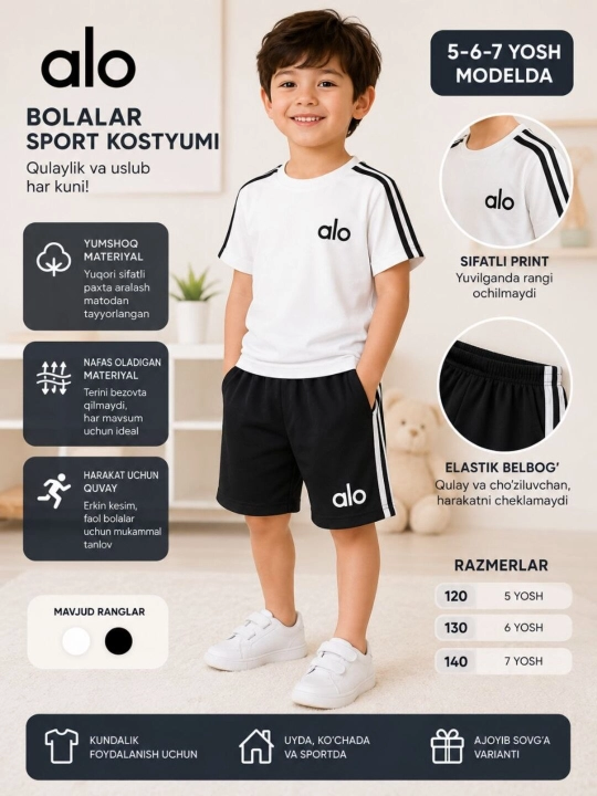 Bolalar sport kostyumi, bolalar futbolka shorti, bolalar yozgi komplekti, paxtali kiyim - 