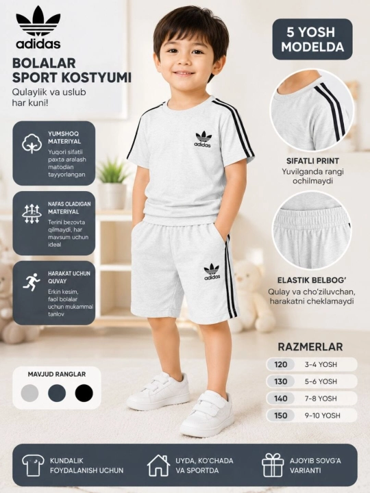Bolalar sport kostyumi, bolalar futbolka shorti, bolalar yozgi komplekti, paxtali kiyim - 