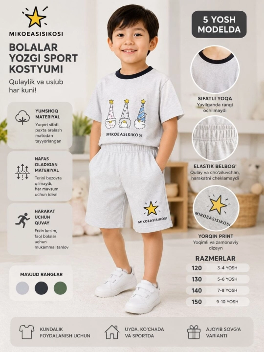 Bolalar sport kostyumi, bolalar futbolka shorti, bolalar yozgi komplekti, paxtali kiyim - 