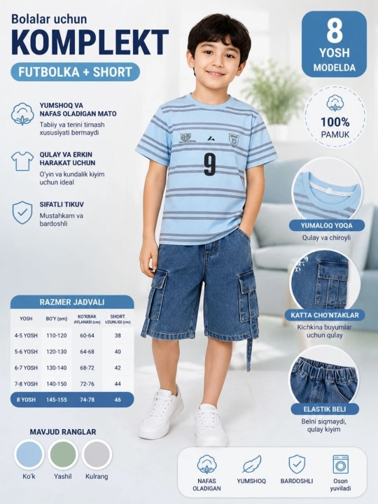 Bolalar sport kostyumi, bolalar futbolka shorti, bolalar yozgi komplekti, paxtali kiyim - 