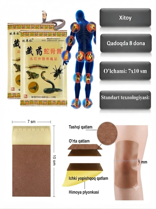 Xitoyning og'riq qoldiruvchi, qizdiruvchi "5 zahar" plastiri, qadoqda 8 dona