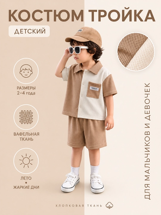 Детский летний костюм комплект тройка для мальчиков, летний, 2-4 года - 